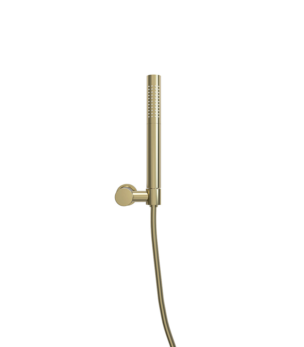 UniMatch hand shower set with 1-function stick hand shower, shower hose, and swivel wall holder brushed brass