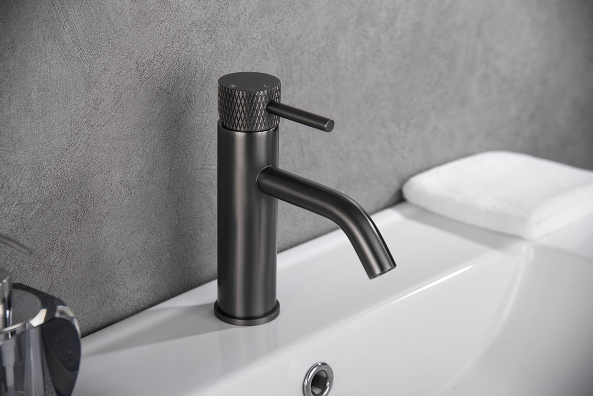 Grooved basin mixer tap with cold start gunmetal PVD