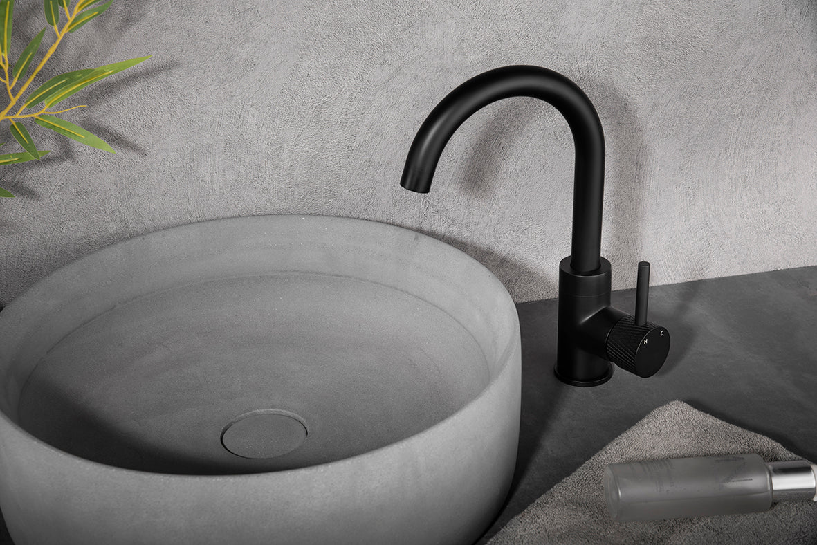 Ribbed basin mixer with swivel spout matt black