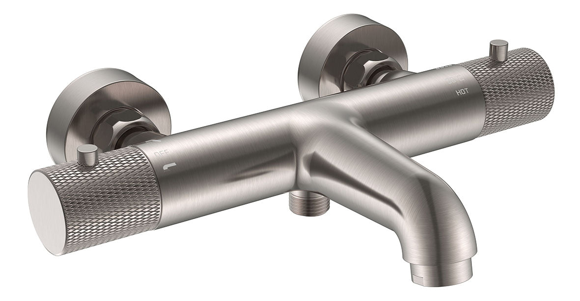 Ribbd thermostatische badmengkraan hartafstand 15 cm geborsteld staal