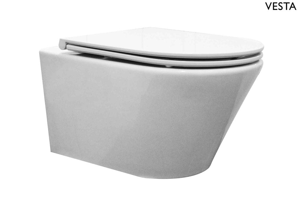 Vesta wall-mounted toilet with Flatline soft-close and quick-release glossy white toilet seat