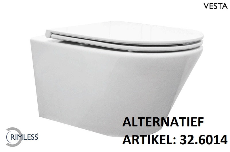 Vesta Rimless Wall-Mounted Toilet with Flatline Soft-Close Quick-Release Toilet Seat, Gloss White