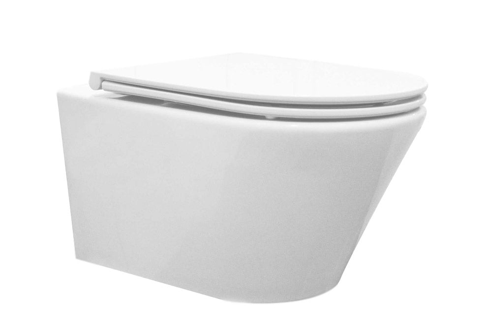 Vesta Tornado flush wall-mounted rimless toilet with nano coating, Flatline soft-close and quick-release toilet seat, gloss white