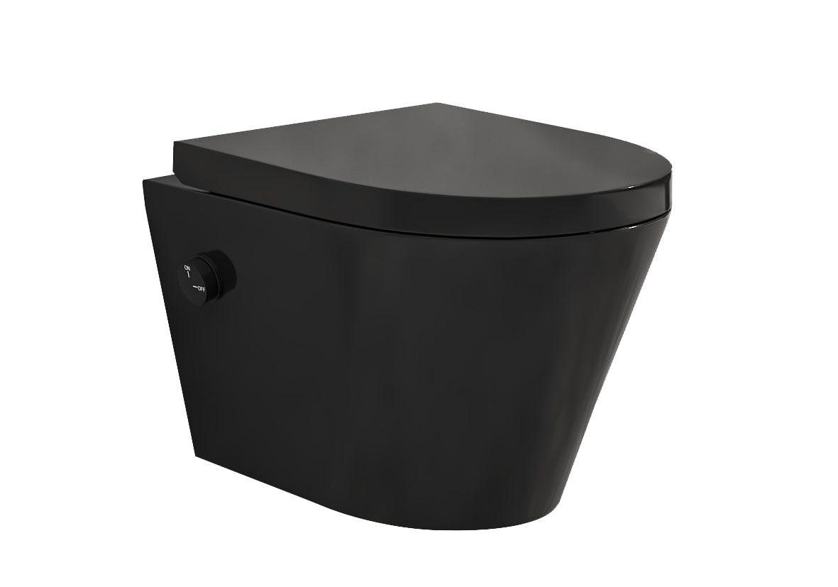 Vesta rimless wall-hung toilet with cold water bidet spray and Vesta matte black toilet seat