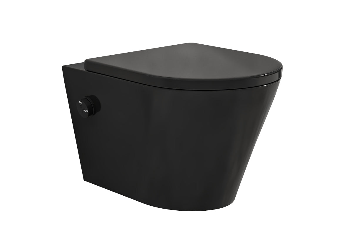Vesta wall-hung toilet rimless with cold water bidet tap and Shade slim toilet seat matt black
