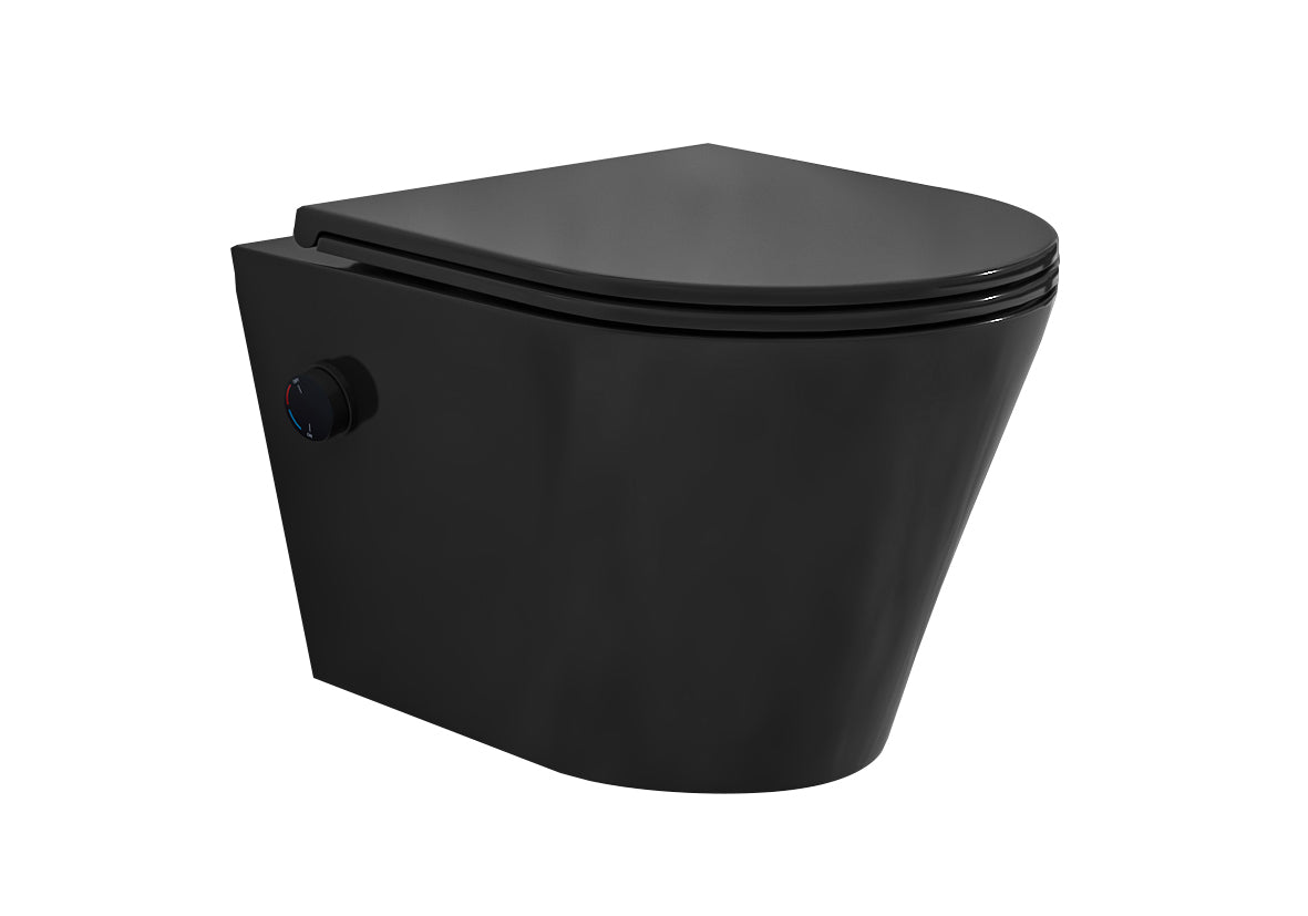 Wiesbaden Vesta wandcloset rimless met bidetkraan warm koud water met Flatline toiletzitting mat zwart