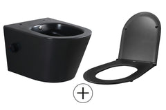 Wiesbaden Vesta wandcloset rimless met bidetkraan warm koud water met Flatline toiletzitting mat zwart