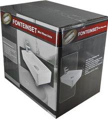 Rhea S mini vanity unit with left-hand glossy white basin, tap, siphon, and chrome waste plug