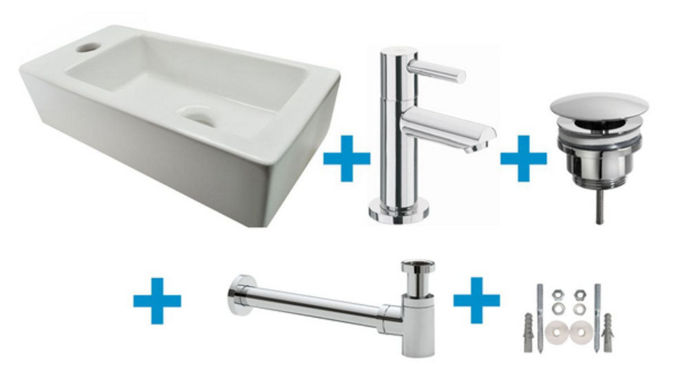 Rhea S mini vanity unit with left-hand glossy white basin, tap, siphon, and chrome waste plug