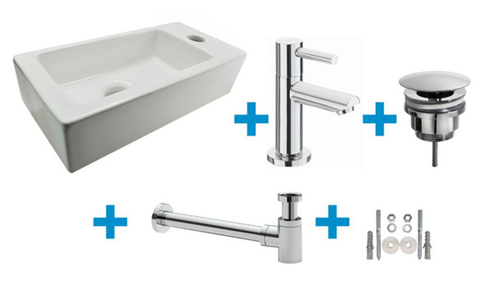 Rhea S mini vanity with right-hand basin gloss white, tap, siphon, and chrome waste plug