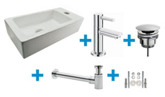 Rhea S mini vanity with right-hand basin gloss white, tap, siphon, and chrome waste plug