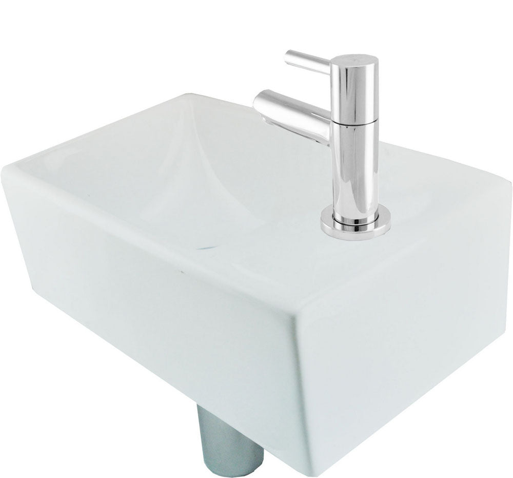 Rhea XXS washbasin with right-hand basin in glossy white, tap, siphon, and chrome drain plug