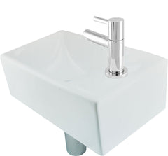 Rhea XXS washbasin with right-hand basin in glossy white, tap, siphon, and chrome drain plug