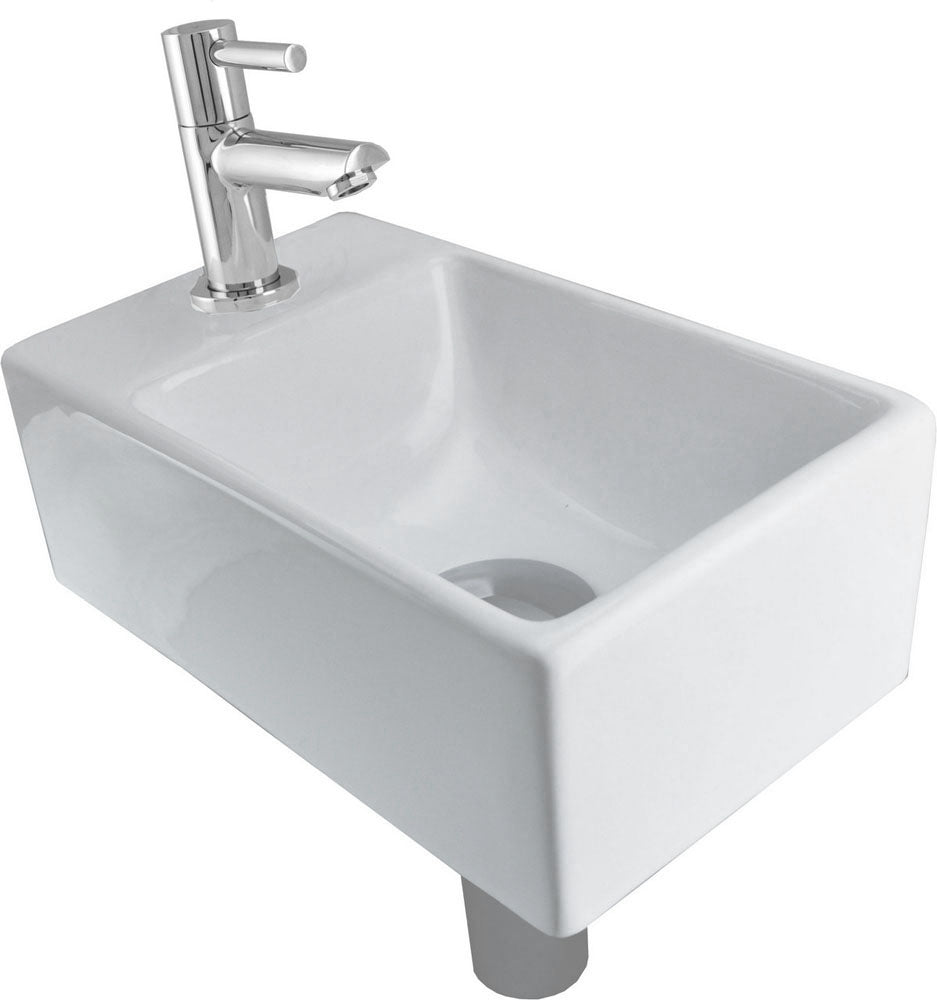Fonteinset Rhea XXS with left basin gloss white, tap, siphon and chrome waste plug