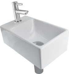 Fonteinset Rhea XXS with left basin gloss white, tap, siphon and chrome waste plug