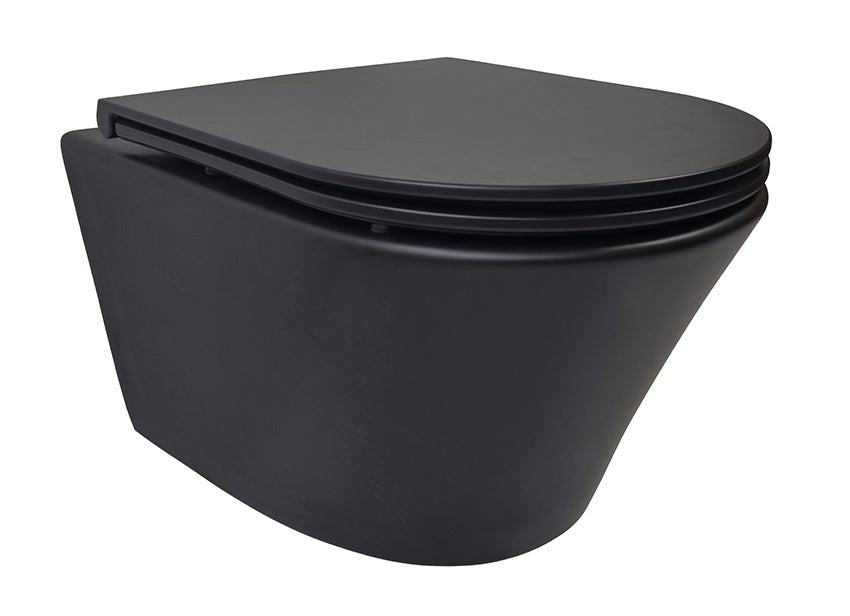 Vesta rimless wall-hung toilet with Flatline soft-close and quick-release matte black toilet seat