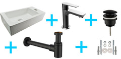 Rhea S mini basin set with basin on the right gloss white, Casma tap, siphon, and waste plug black/chrome