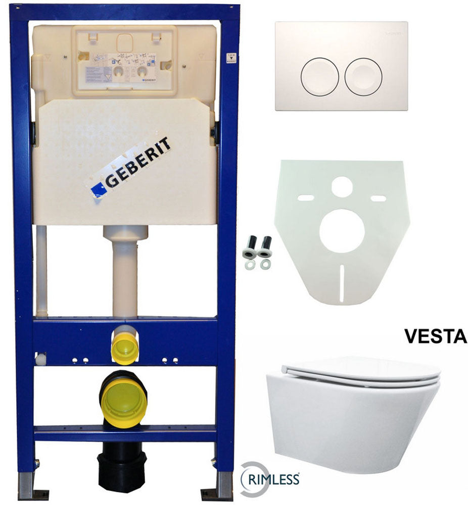 Geberit UP 100 Vesta Rimless toilet + Flatline seat + Delta 25 white