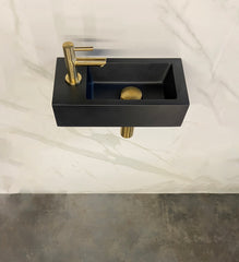 Rhea S mini vanity set with left-hand basin quartz, tap, siphon, and brushed brass drain plug