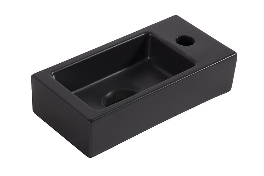 Rhea S mini vanity unit with right-hand basin, tap, siphon, and matt black drain plug