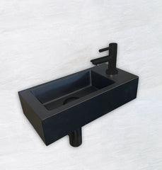 Rhea S mini vanity unit with right-hand basin, tap, siphon, and matt black drain plug