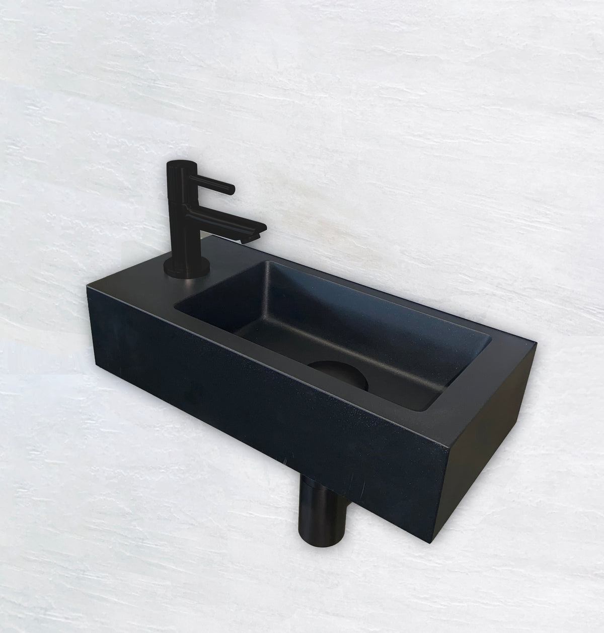 Rhea S mini vanity set with left-hand tap hole, tap, siphon, and matte black drain plug