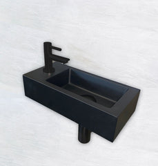 Rhea S mini vanity set with left-hand tap hole, tap, siphon, and matte black drain plug