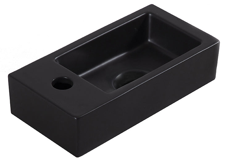 Rhea S mini vanity set with left-hand tap hole, tap, siphon, and matte black drain plug