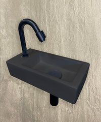 Rhea S mini vanity set with left quartz basin, tap, siphon, and matte black drain plug