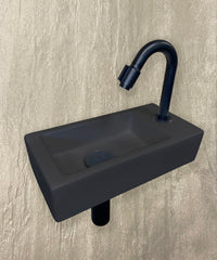 Rhea S mini vanity unit with right-hand quartz basin, tap, siphon, and matte black drain plug