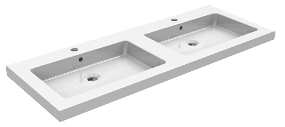Ceramic double washbasin with 2 tap holes 120x46x5 cm glossy white