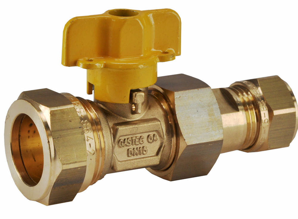 Brass gas ball valve Gastec 22 mm compression x 15 mm compression