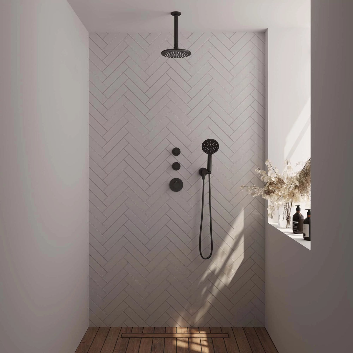 BRAUER Black Edition thermostatische inbouw regendouche SET 11 met 20 cm douchekop en plafondarm en 3-standen handdouche en doucheslang en wandaansluitbocht mat zwart