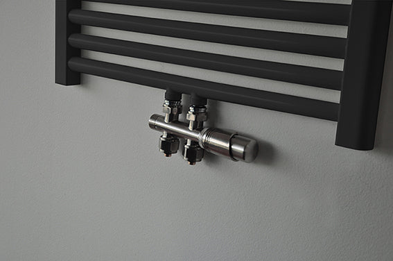 set thermostatic valve block straight brushed steel
