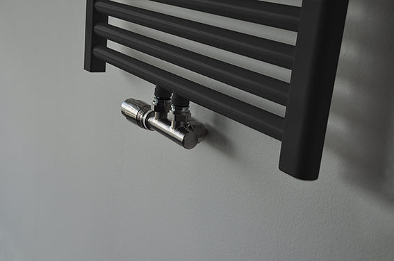 thermostatic manifold, angled left, brushed steel