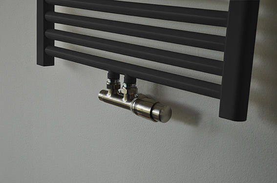 set thermostatic valve block, angled right, brushed steel