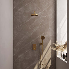 Brauer Edition inbouwset met 3-weg thermostaat - hoofddouche 20cm - gebogen wandarm 40cm - ronde 3-standen handdouche - wandaansluiting - Geborsteld Goud PVD