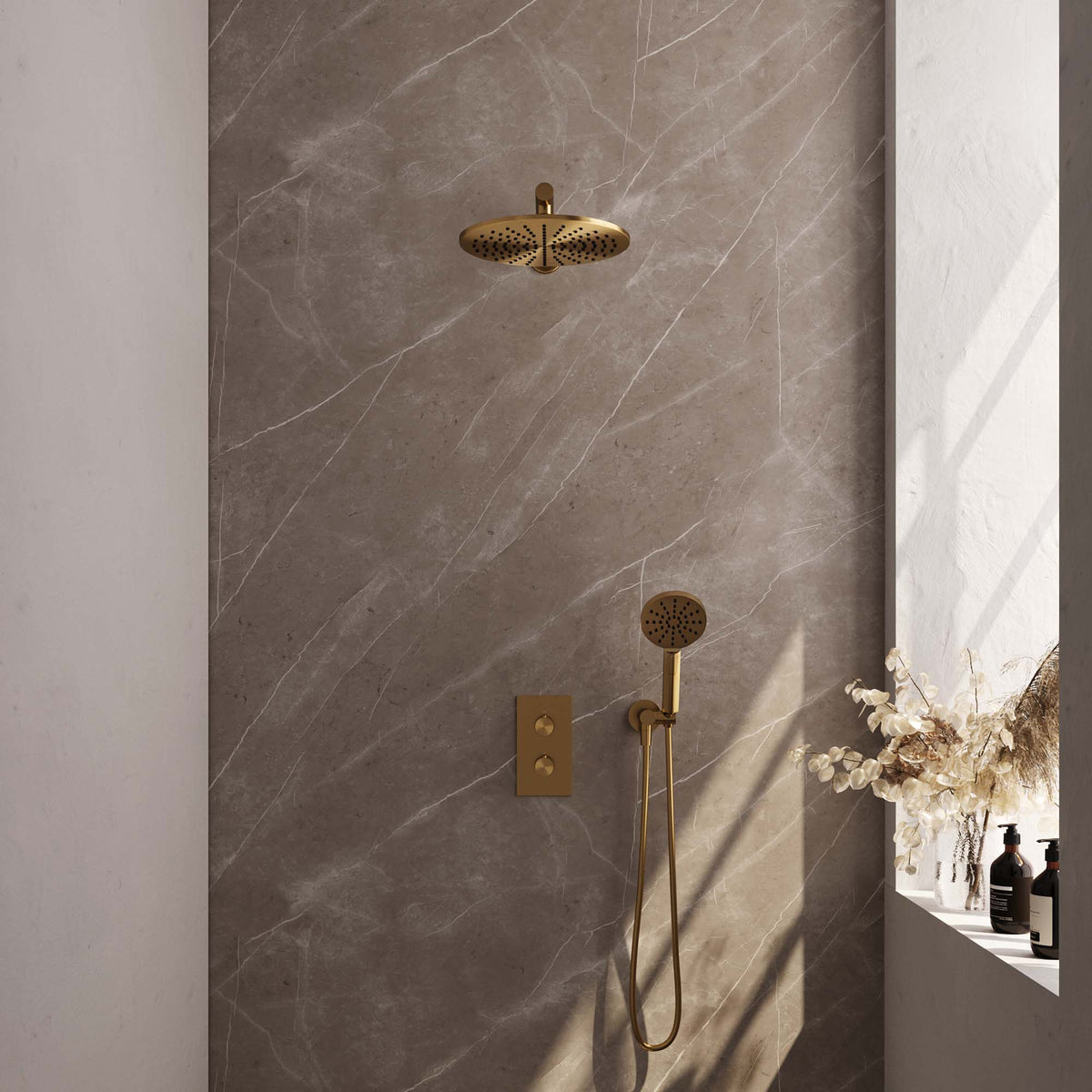 Brauer Edition inbouwset met 3-weg thermostaat - hoofddouche 30cm - rechte wandarm 40cm - ronde 3-standen handdouche - wandaansluiting - Geborsteld Goud PVD