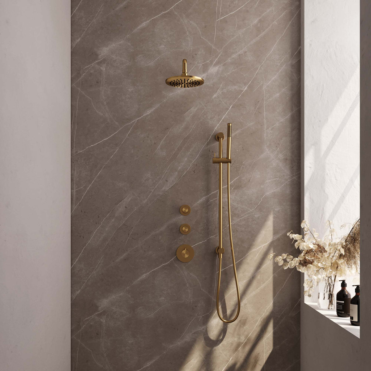 Brauer Edition thermostatische inbouw doucheset - hoofddouche 20cm - wandarm gebogen - staafhanddouche - Glijstang - Geborsteld Goud PVD