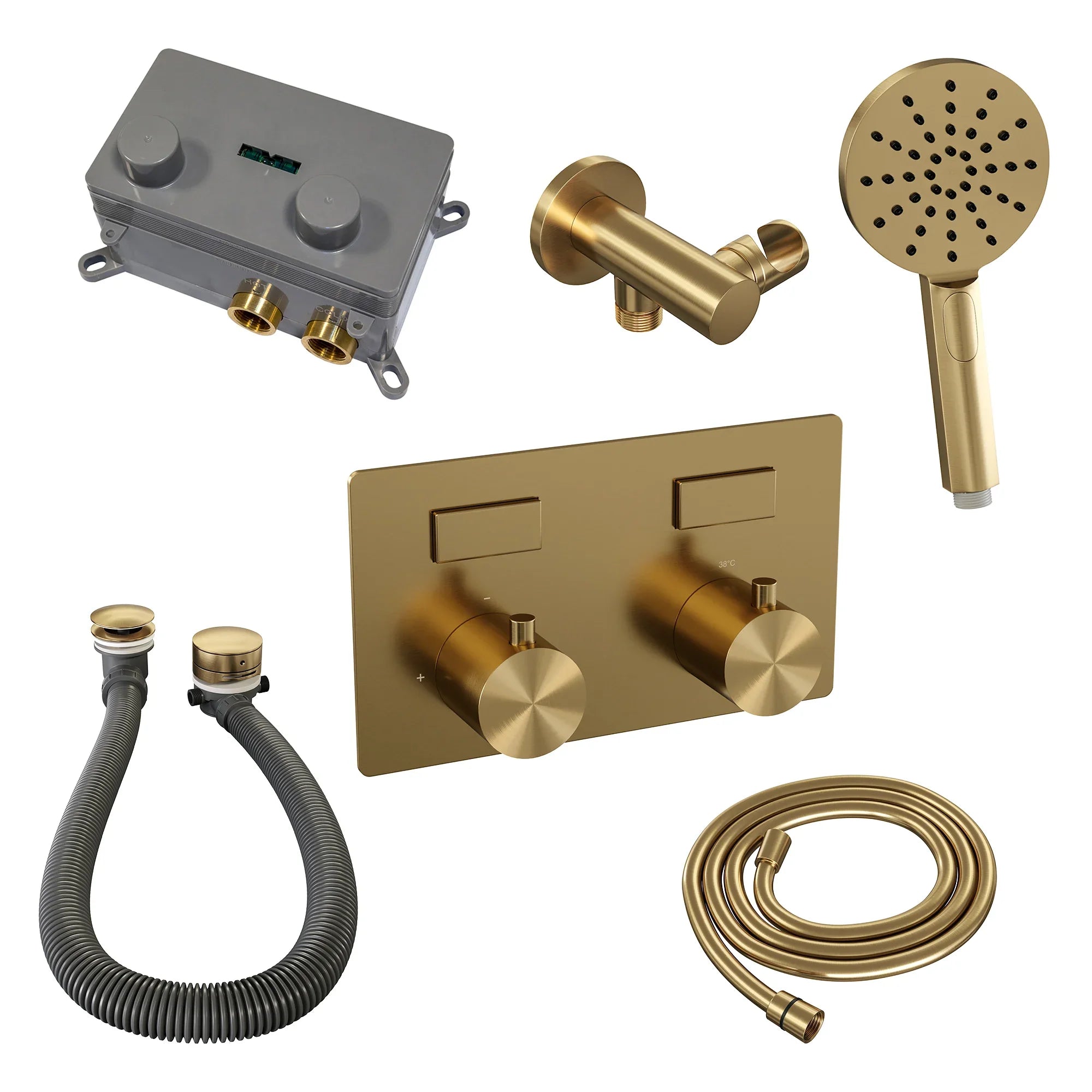 Brauer Brushed Edition thermostatische inbouw badkraan met drukknoppen SET 04 met badvulcombinatie en 3-standen handdouche en doucheslang en wandaansluitbocht RVS geborsteld PVD - 5-NG-209