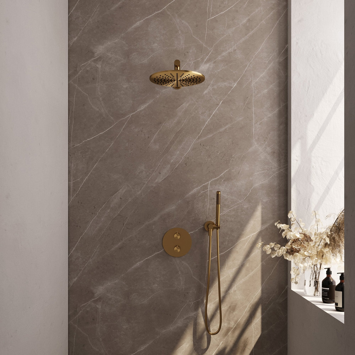Brauer Edition inbouw regendoucheset 3-weg rond - 30cm hoofddouche - rechte wandarm - staafhanddouche - wandhouder - Geborsteld Goud PVD