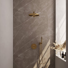 Brauer Edition inbouw regendoucheset 3-weg rond - 30cm hoofddouche - rechte wandarm - staafhanddouche - wandhouder - Geborsteld Goud PVD