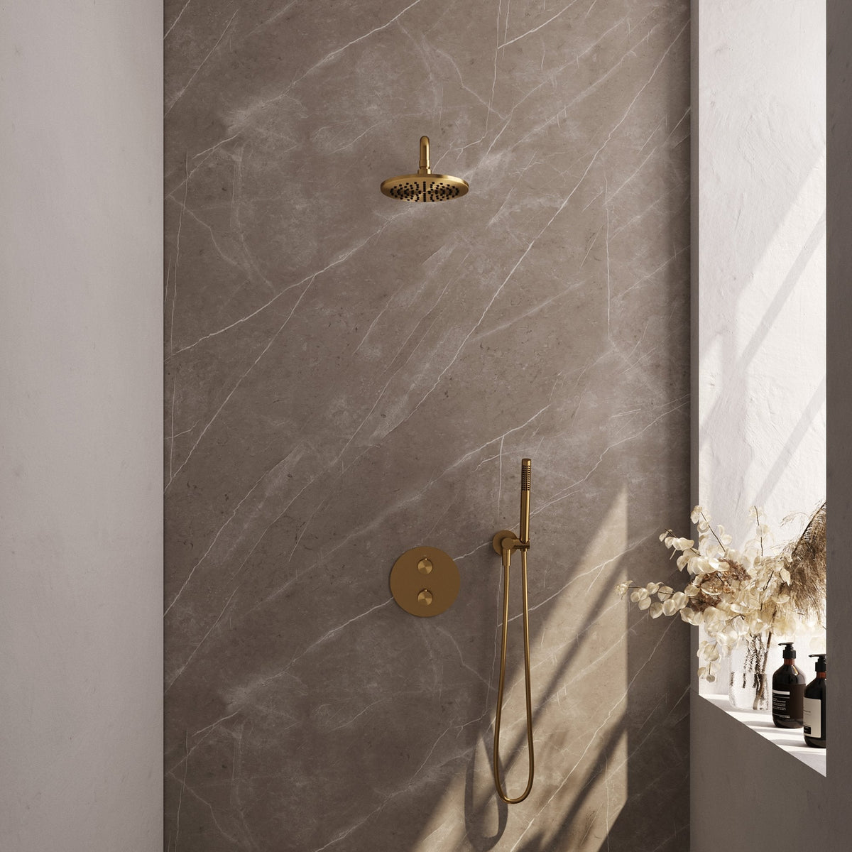 Brauer Edition inbouw regendoucheset 3-weg rond - 20cm hoofddouche - gebogen wandarm - staafhanddouche - wandhouder - Geborsteld Goud PVD