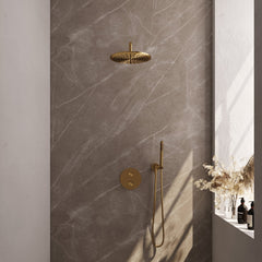 Brauer Edition inbouw regendoucheset 3-weg rond - 30cm hoofddouche - gebogen wandarm - staafhanddouche - wandhouder - Geborsteld Goud PVD