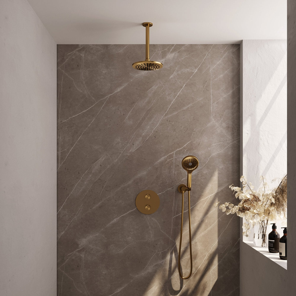 Brauer Edition inbouw regendoucheset 3-weg rond - 20cm hoofddouche - plafondarm - 3 standen handdouche - wandhouder - Geborsteld Goud PVD