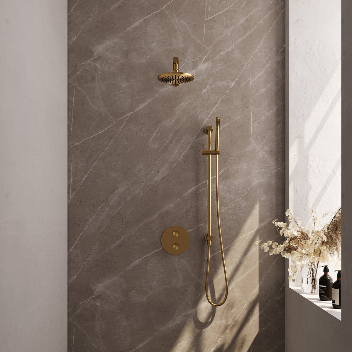 Brauer Edition inbouw regendoucheset 3-weg rond - 20cm hoofddouche - rechte wandarm - staafhanddouche - glijstang - Geborsteld Goud PVD