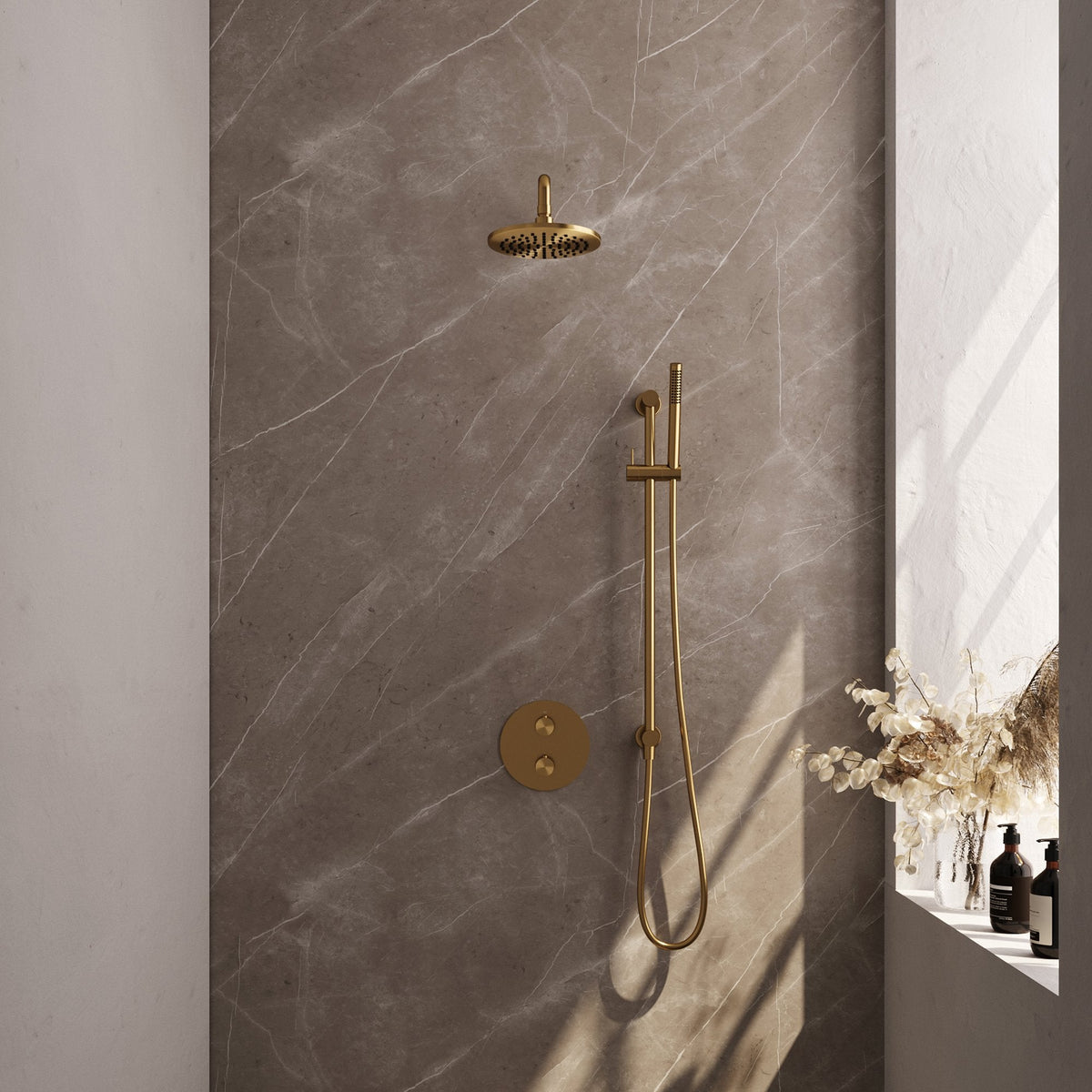 Brauer Edition inbouw regendoucheset 3-weg rond - 20cm hoofddouche - gebogen wandarm - staafhanddouche - glijstang - Geborsteld Goud PVD