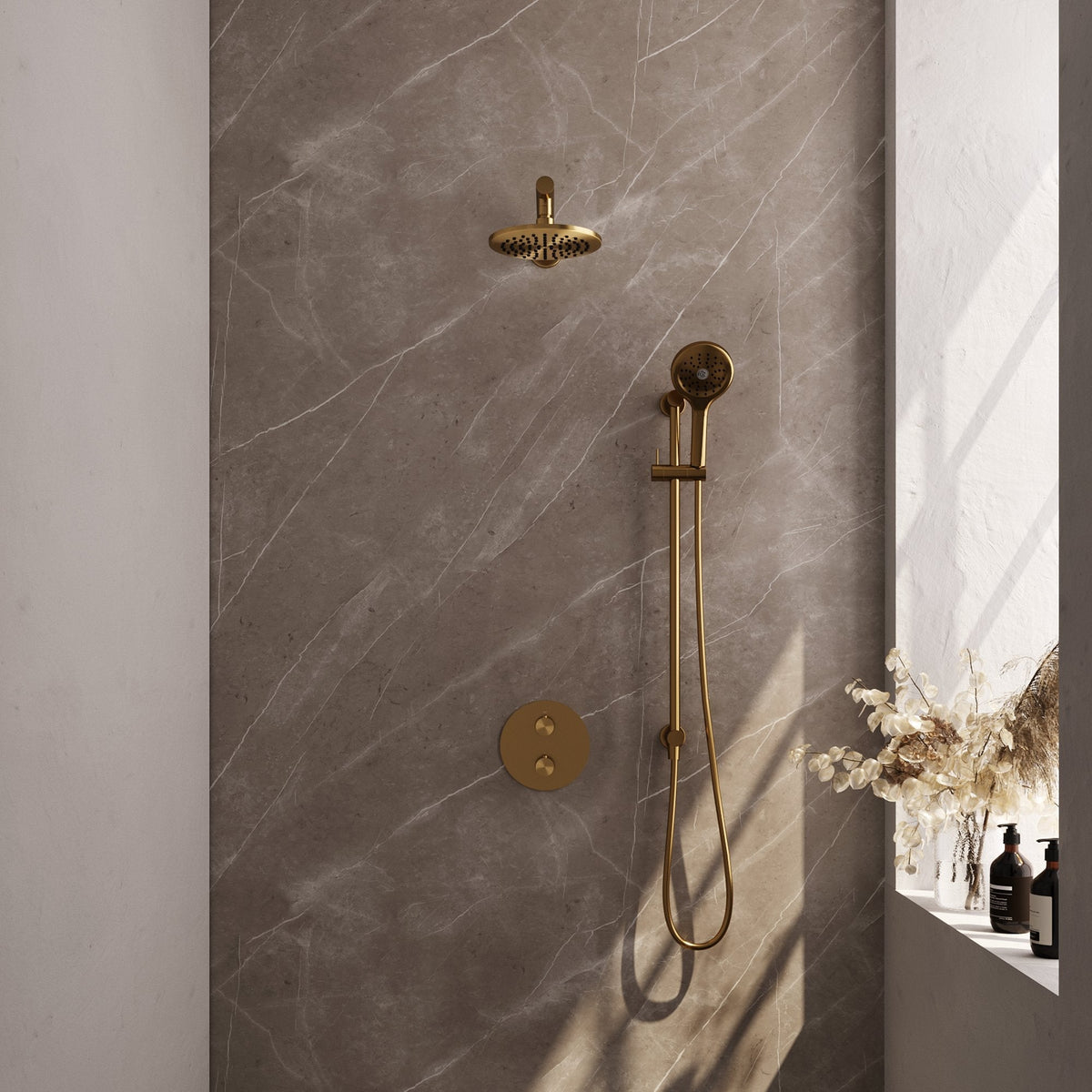 Brauer Edition inbouw regendoucheset 3-weg rond - 20cm hoofddouche - rechte wandarm - 3 standen handdouche - glijstang - Geborsteld Goud PVD