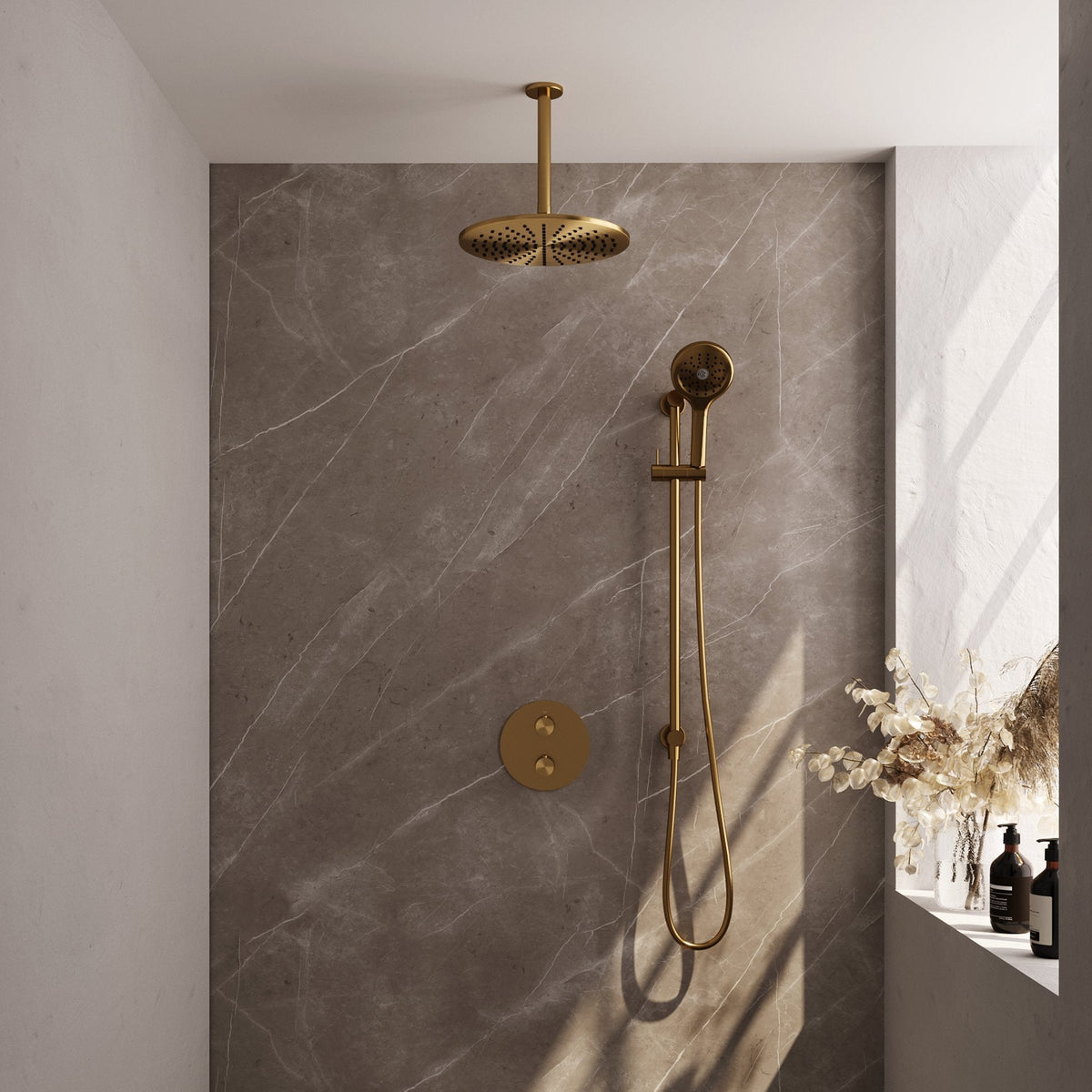Brauer Edition inbouw regendoucheset 3-weg rond - 30cm hoofddouche - plafondarm - 3 standen handdouche - glijstang - Geborsteld Goud PVD