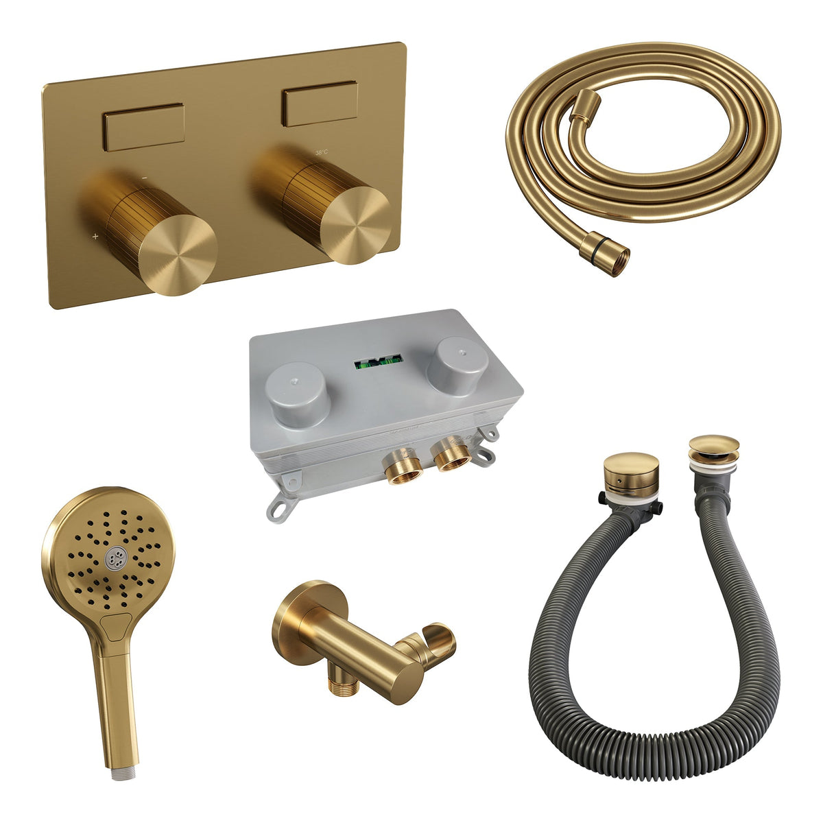 Brauer Stripe inbouw badthermostaat met drukknoppen en badvulcombinatie - 3-standen handdouche - Geborsteld Goud PVD